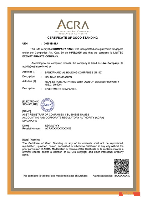 Singapore certificate of good standing Word and PDF template, version 2